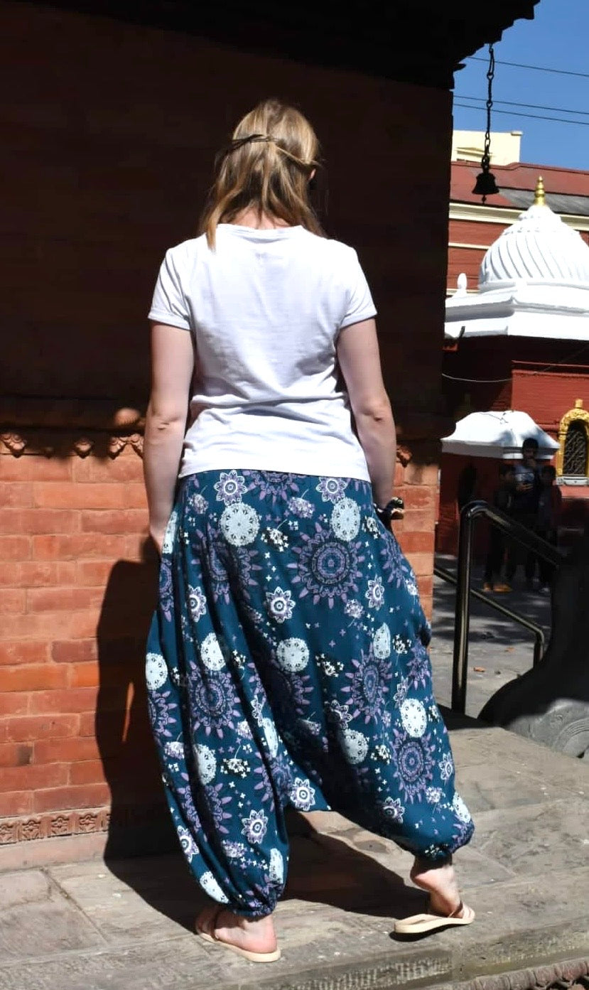 Women’s Boho Harem Pants – 100% Cotton Mandala Print (Pink, Grey, Sky Blue, Sea Blue, and Black)