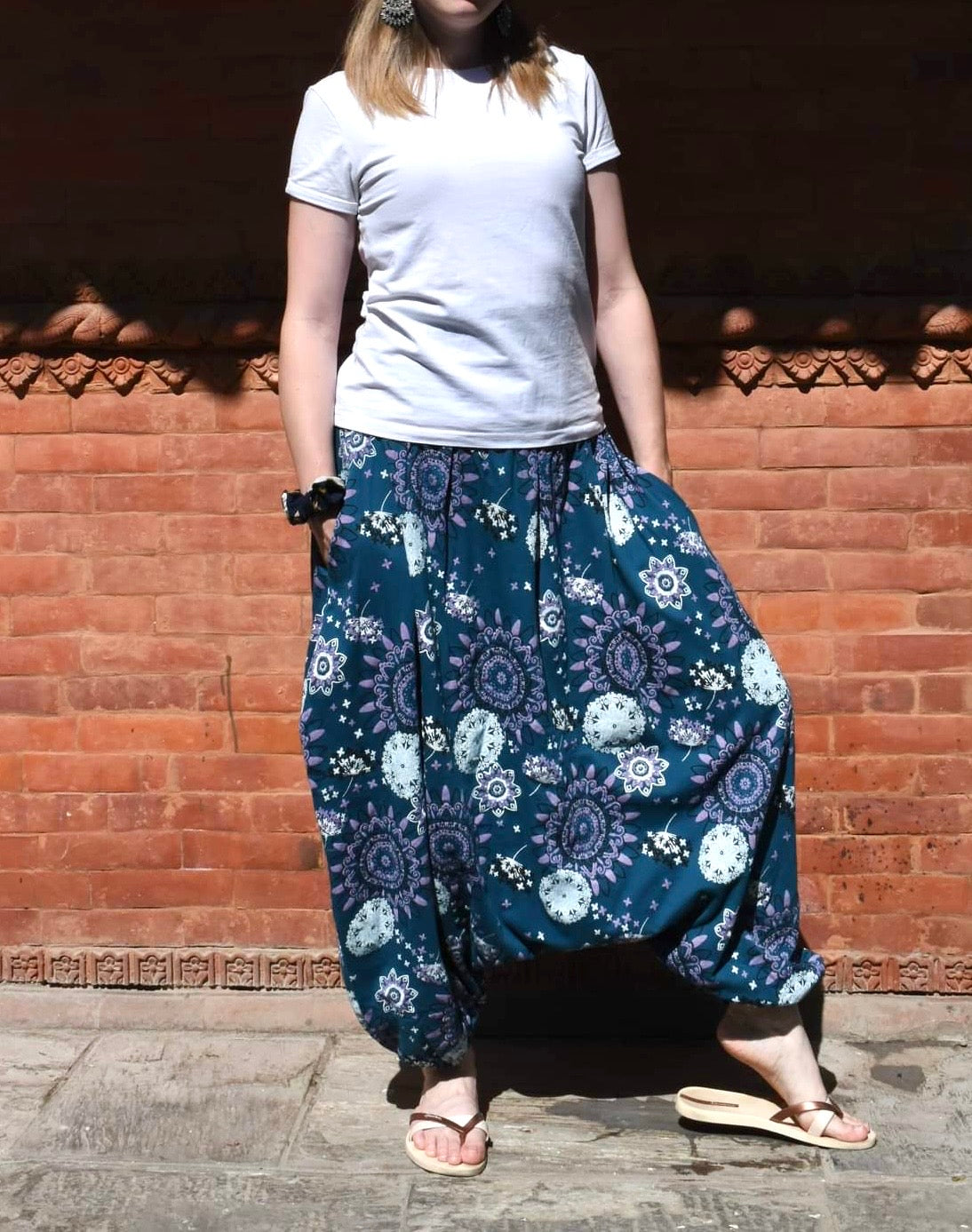 Women’s Boho Harem Pants – 100% Cotton Mandala Print (Pink, Grey, Sky Blue, Sea Blue, and Black)