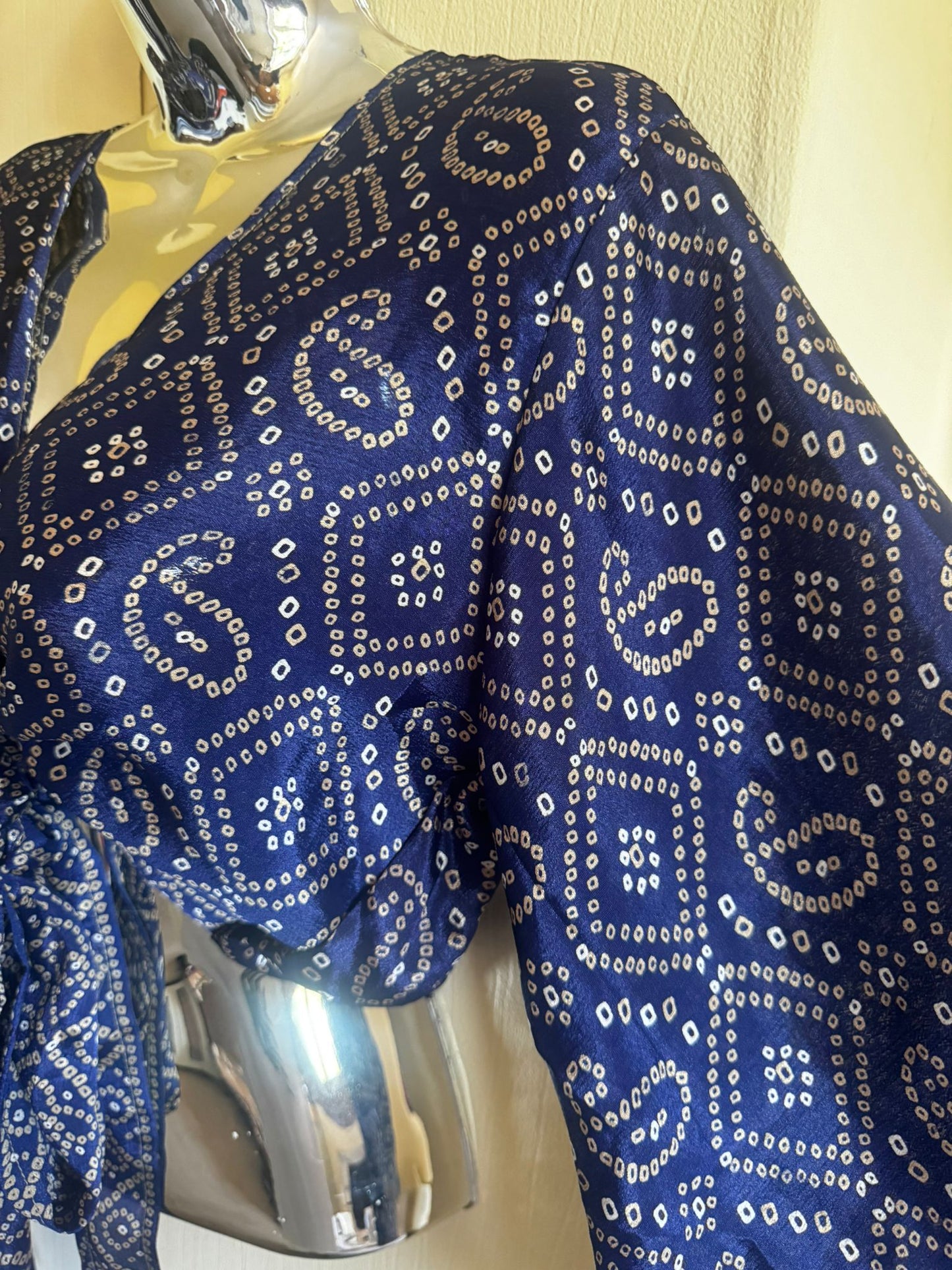 Elegant Bohemian Print Wrap Top with Tie-Front, Uk Size 6-18, Recycled Silk Material,  Lightweight Womenswear Top