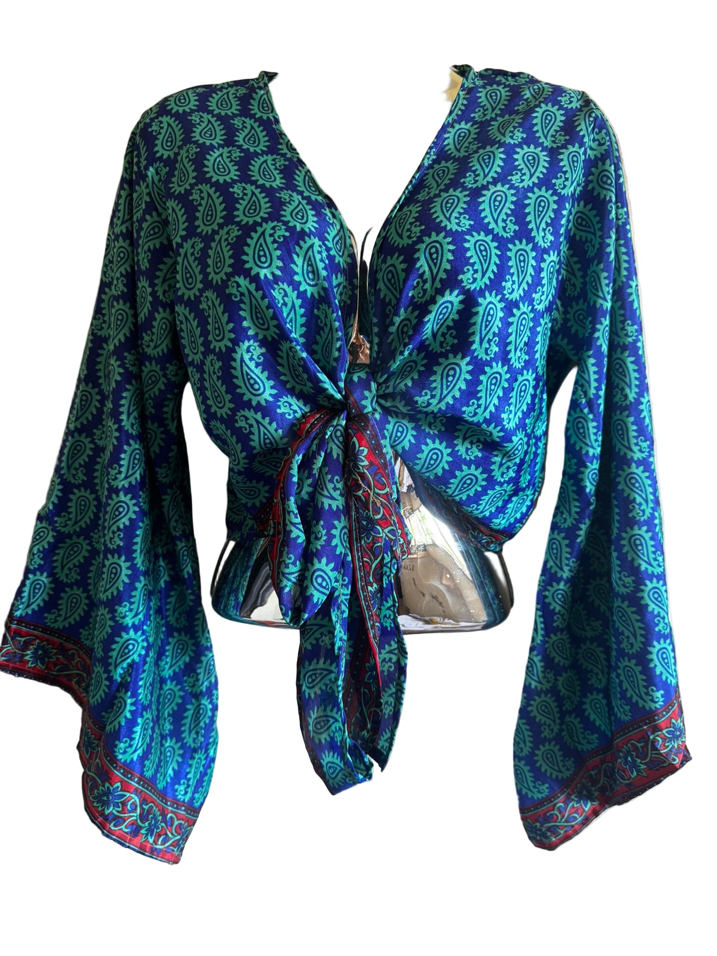 Elegant Bohemian Print Wrap Top with Tie-Front, Uk Size 6-18, Recycled Silk Material,  Lightweight Womenswear Top