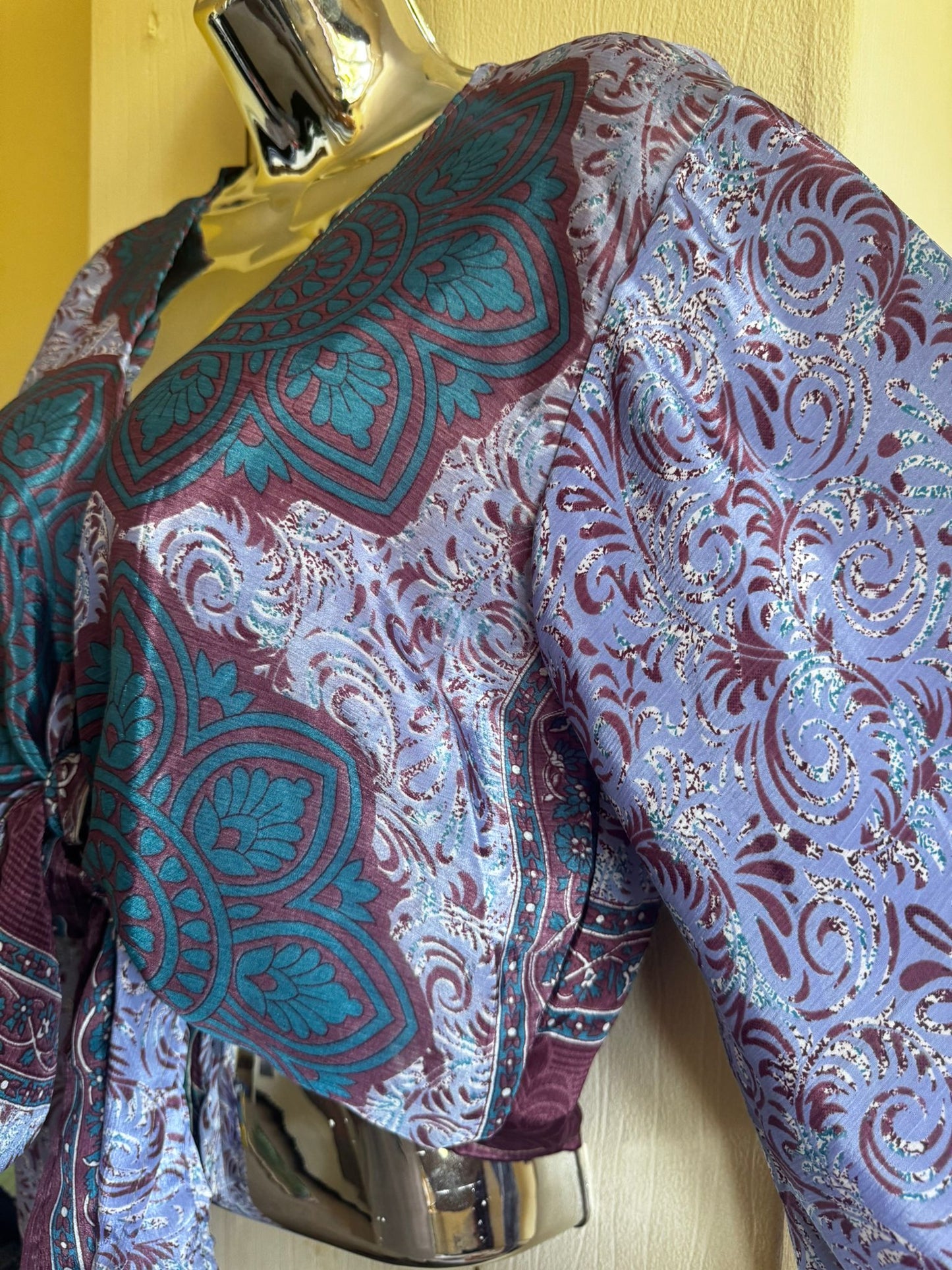 Elegant Bohemian Print Wrap Top with Tie-Front, Uk Size 6-18, Recycled Silk Material,  Lightweight Womenswear Top