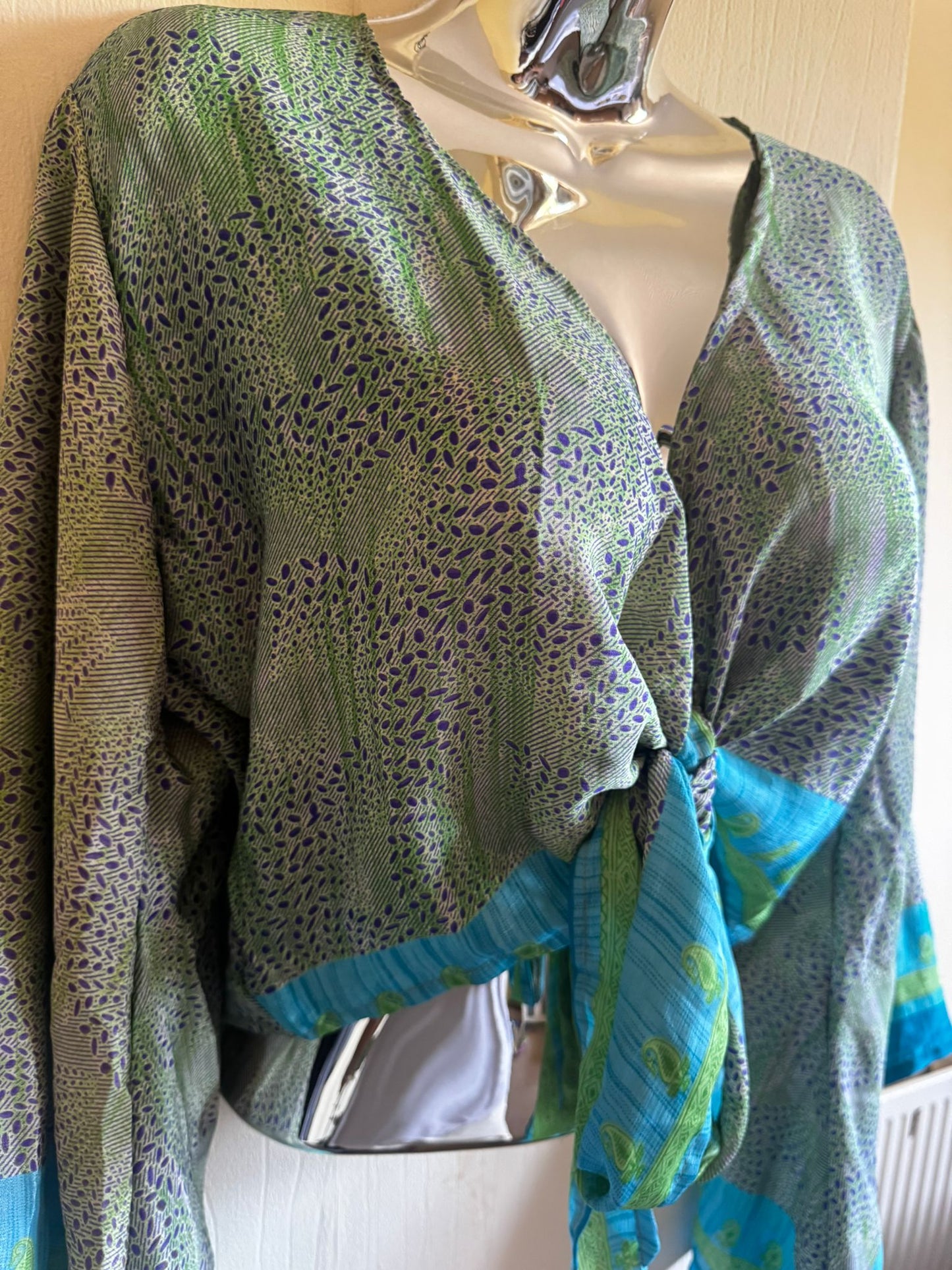 Elegant Bohemian Print Wrap Top with Tie-Front, Uk Size 6-18, Recycled Silk Material,  Lightweight Womenswear Top
