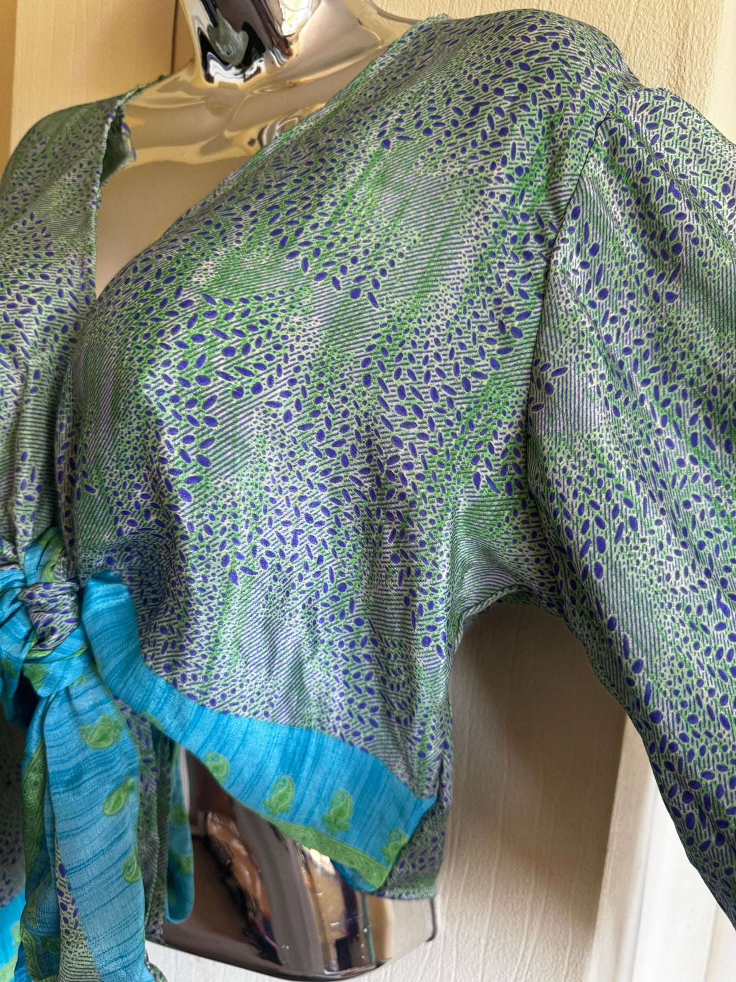 Elegant Bohemian Print Wrap Top with Tie-Front, Uk Size 6-18, Recycled Silk Material,  Lightweight Womenswear Top