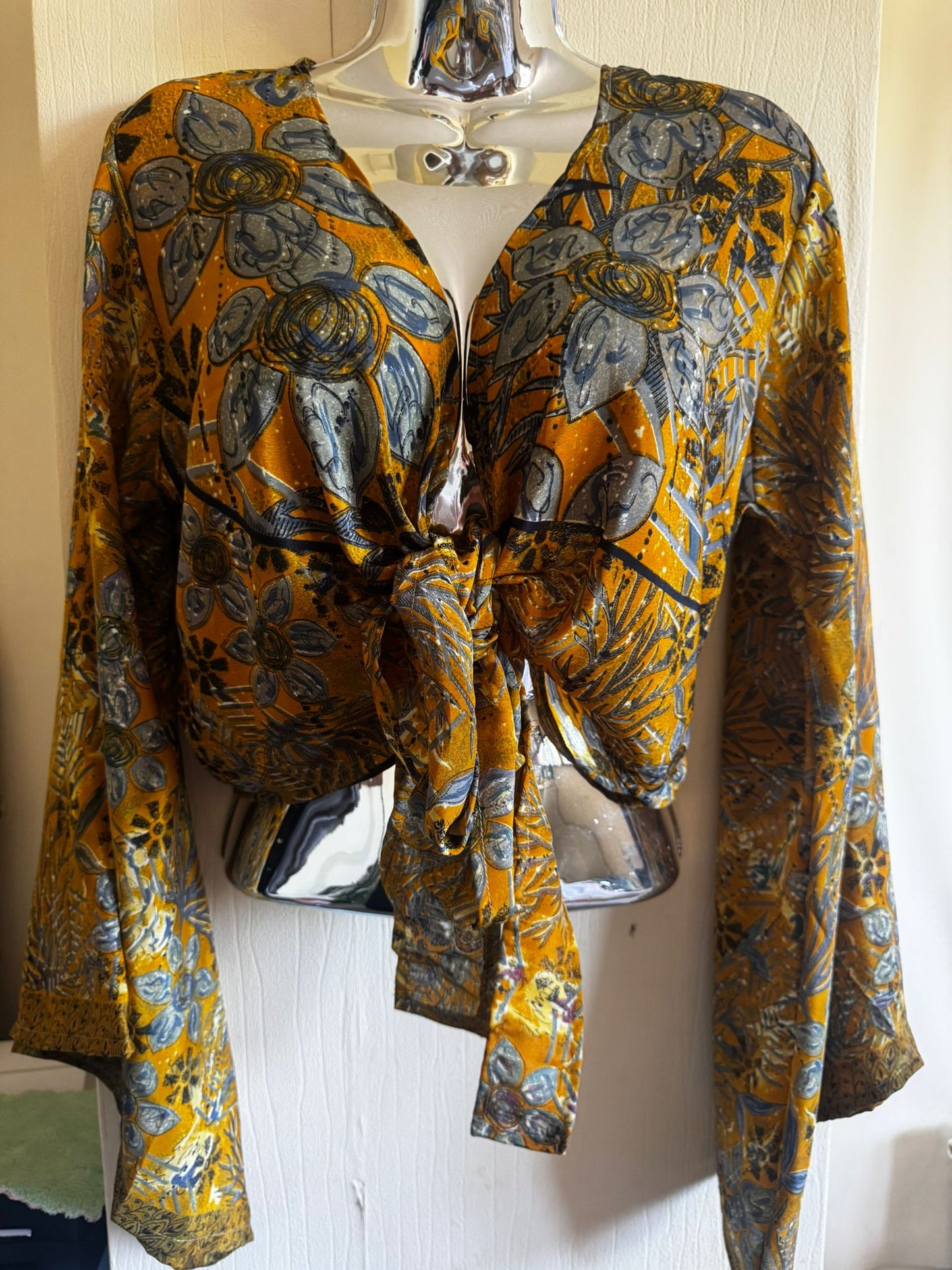 Elegant Bohemian Print Wrap Top with Tie-Front, Uk Size 6-18, Recycled Silk Material,  Lightweight Womenswear Top