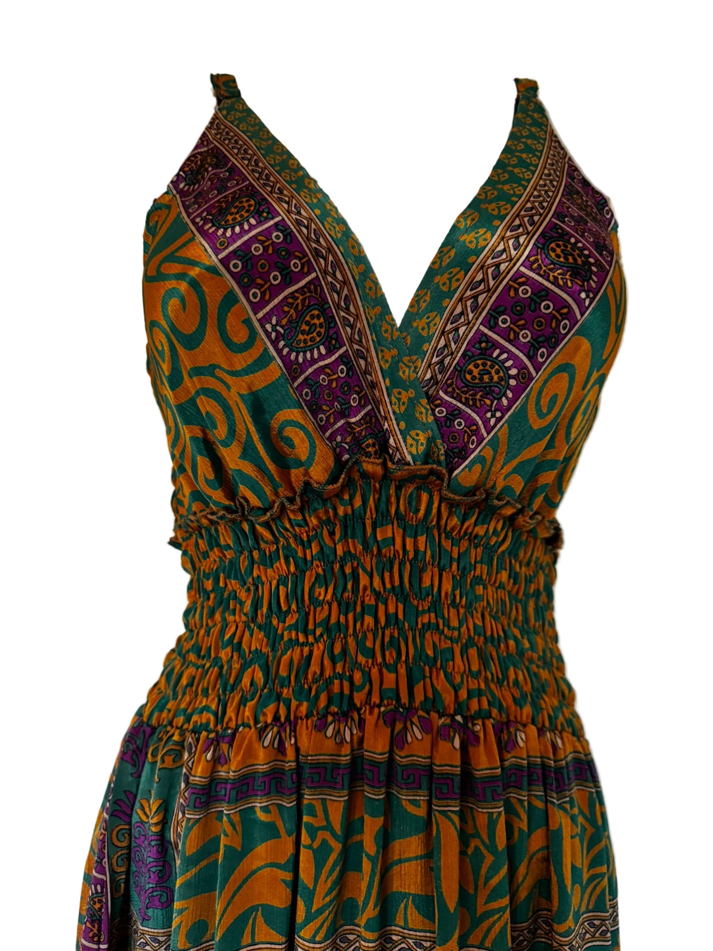 Boho Summer Outfits, Bohemian Recycled Silk Maxi Dress – Multicolor Ethnic Print, UK 8-20, Hippie Boho Dresses