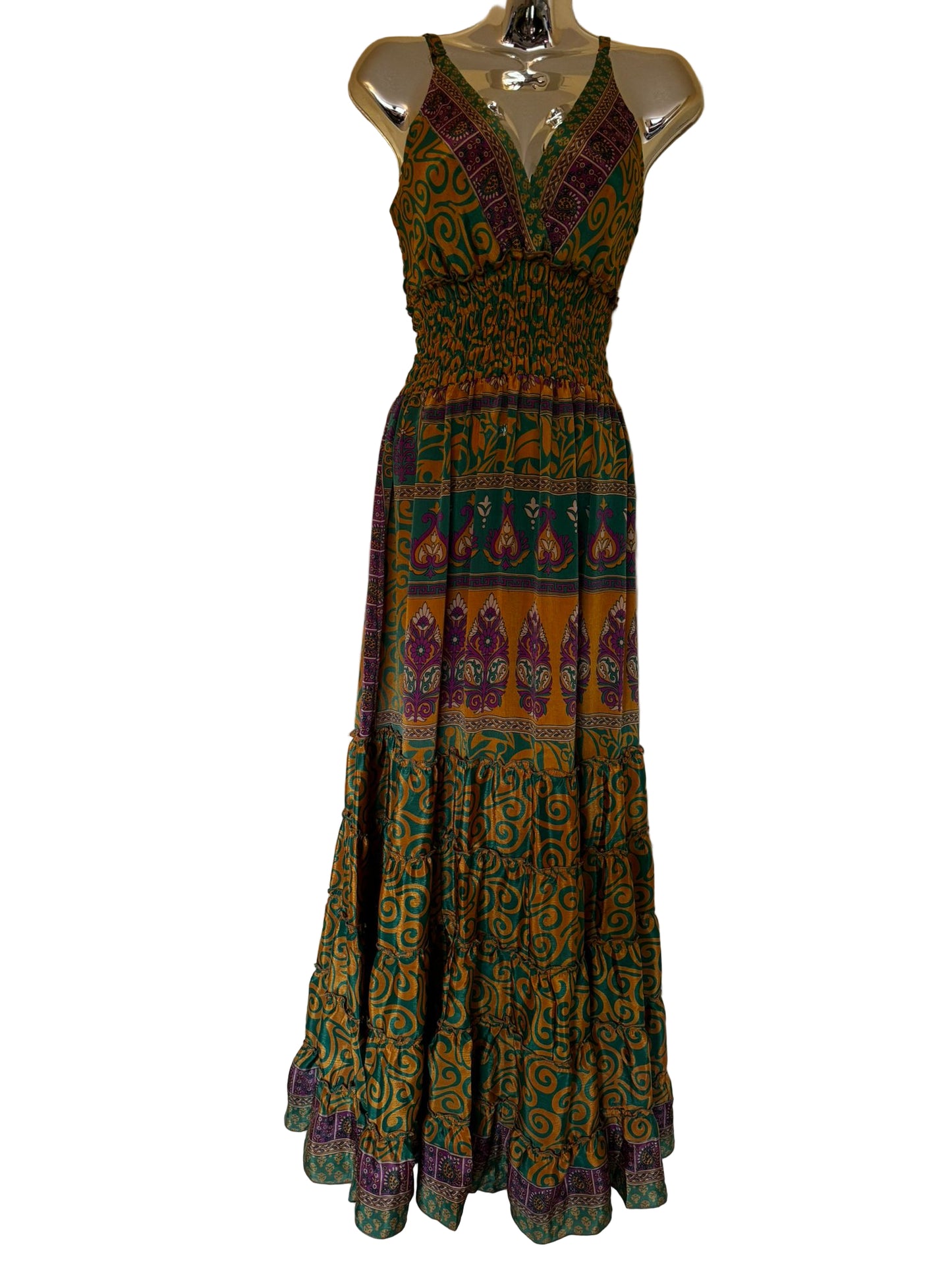 Boho Summer Outfits, Bohemian Recycled Silk Maxi Dress – Multicolor Ethnic Print, UK 8-20, Hippie Boho Dresses