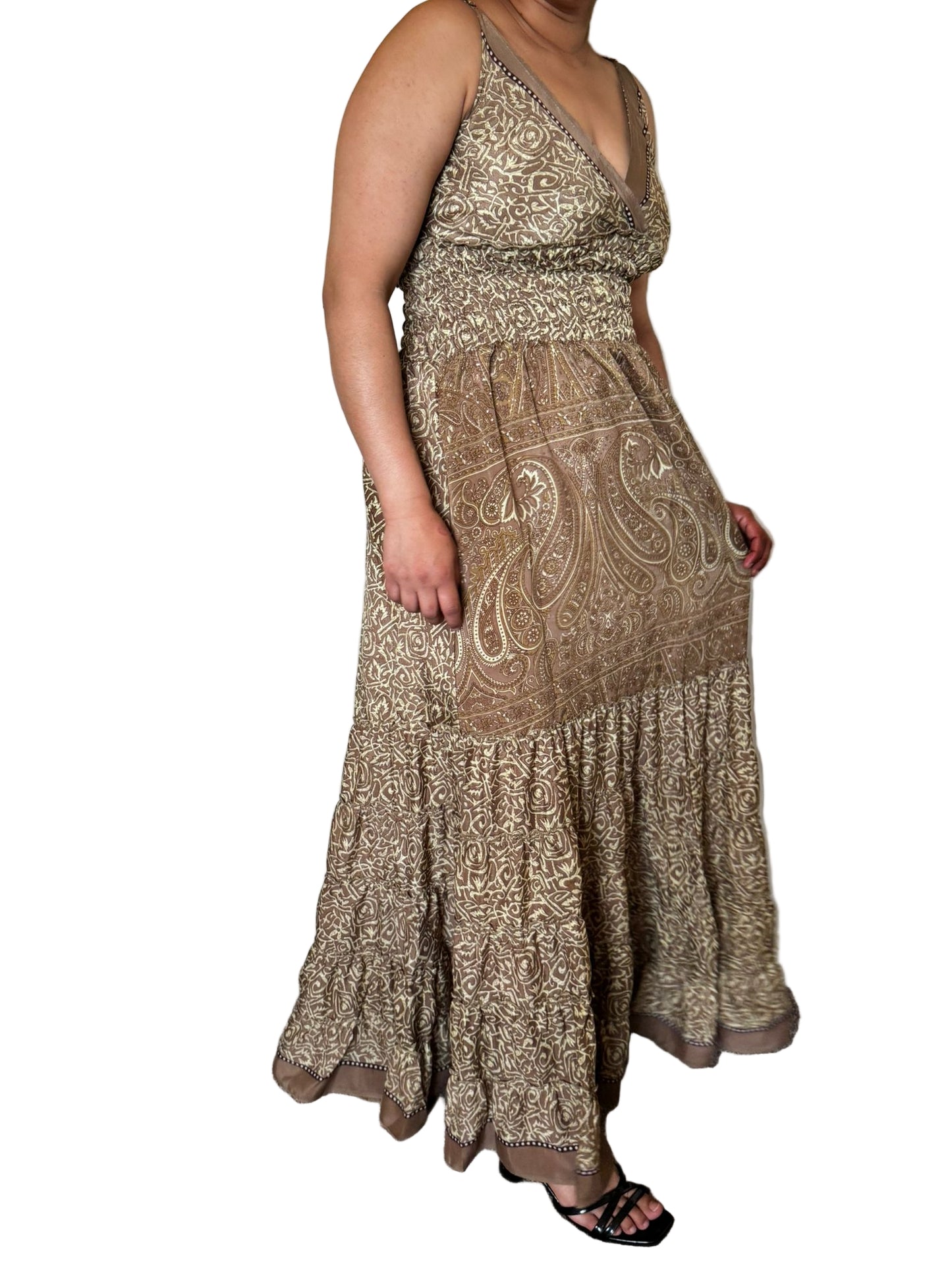 Boho Summer Outfits, Bohemian Recycled Silk Maxi Dress – Multicolor Ethnic Print, UK 8-20, Hippie Boho Dresses