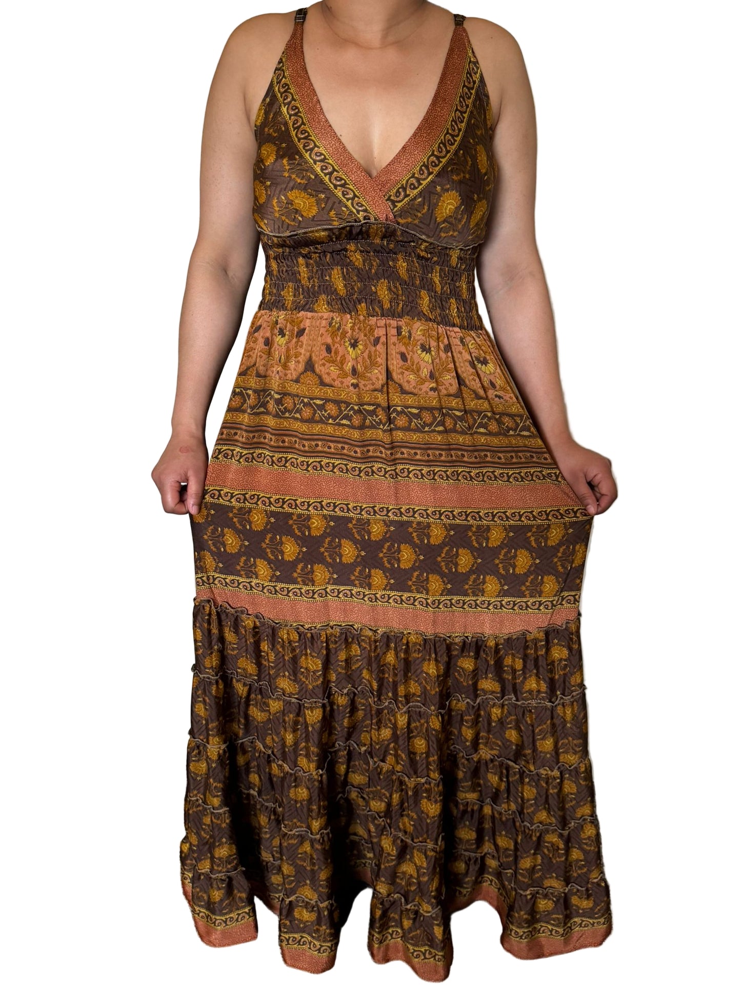 Boho Summer Outfits, Bohemian Recycled Silk Maxi Dress – Multicolor Ethnic Print, UK 8-20, Hippie Boho Dresses