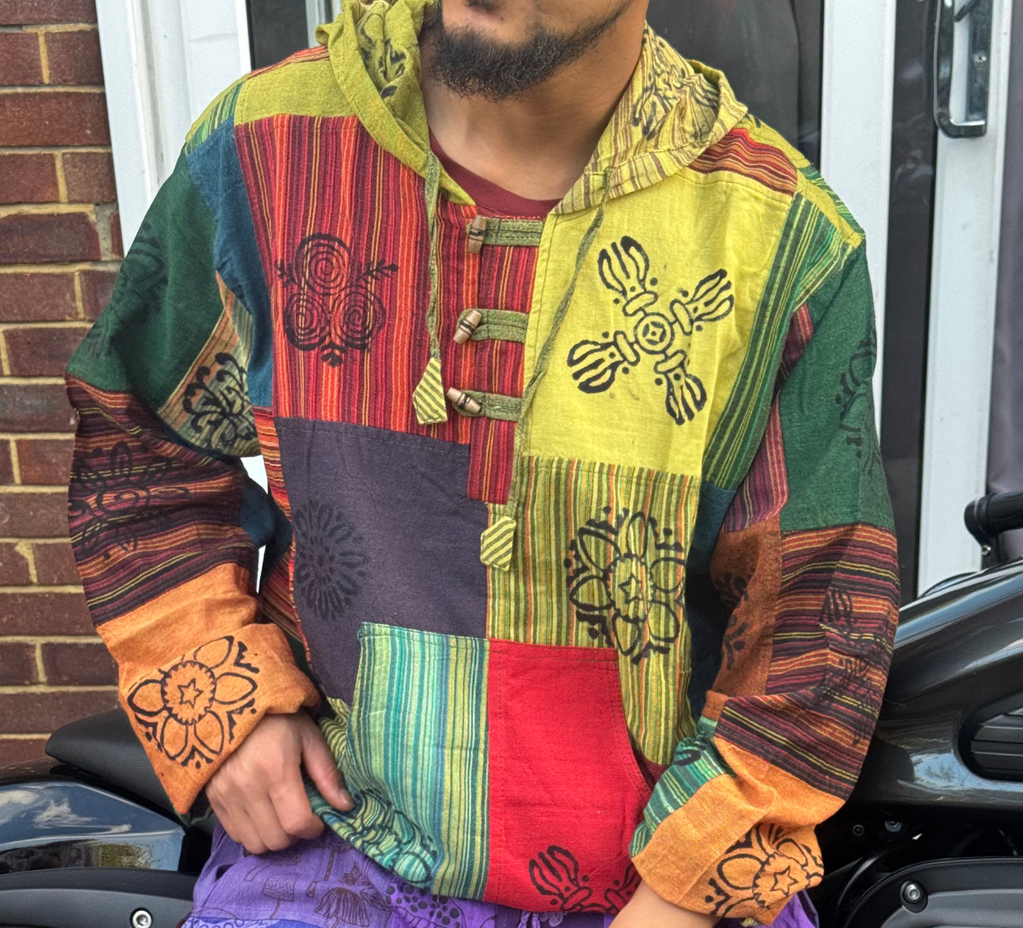 Handmade Boho Patchwork Cotton Hoodie – Tribal Print Festival Pullover