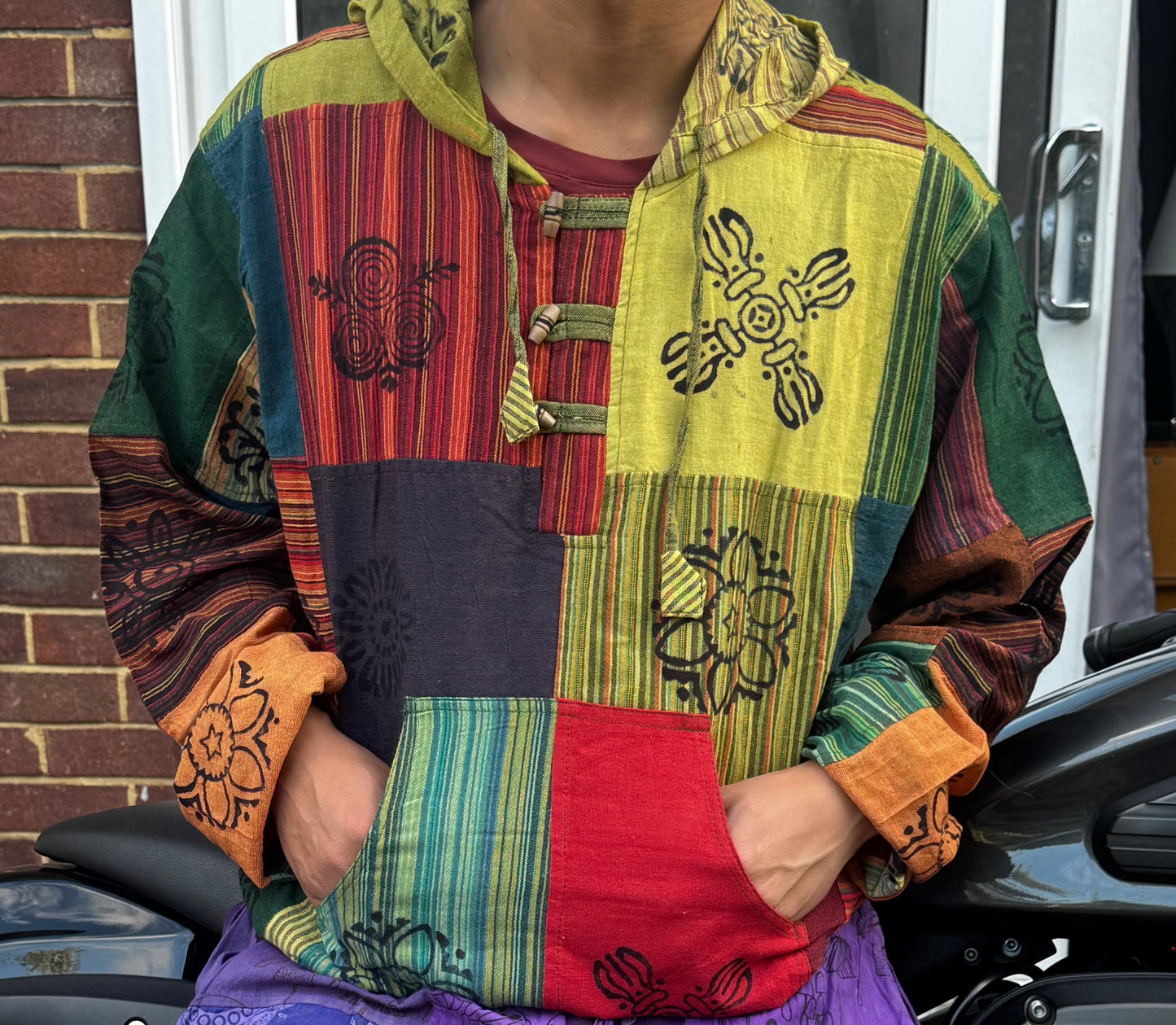 Handmade Boho Patchwork Cotton Hoodie – Tribal Print Festival Pullover