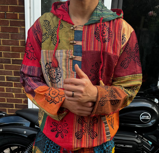 Handmade Boho Patchwork Cotton Hoodie – Tribal Print Festival Pullover