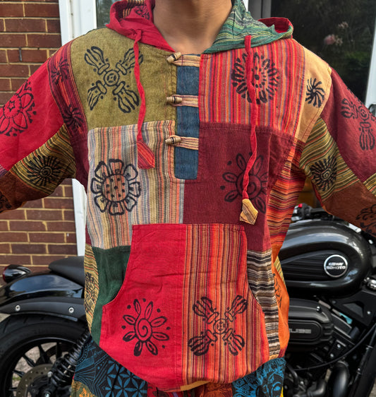 Handmade Boho Patchwork Cotton Hoodie – Tribal Print Festival Pullover