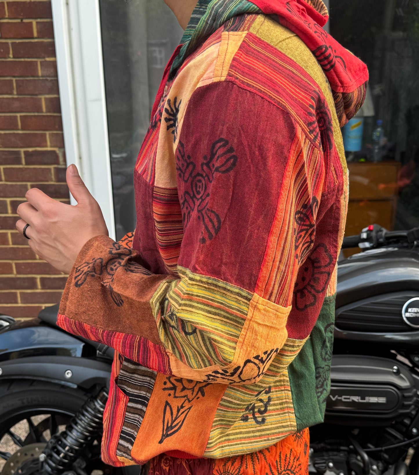 Handmade Boho Patchwork Cotton Hoodie – Tribal Print Festival Pullover
