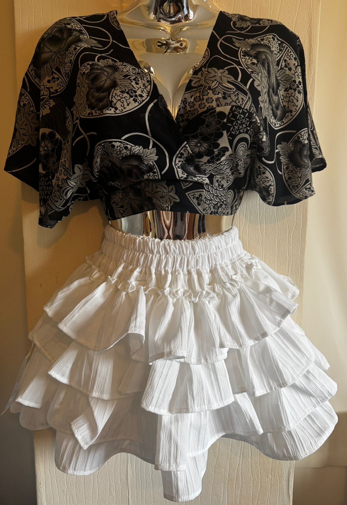 Elegant Kimono Wrap Top + Ruffle Layer Skirt