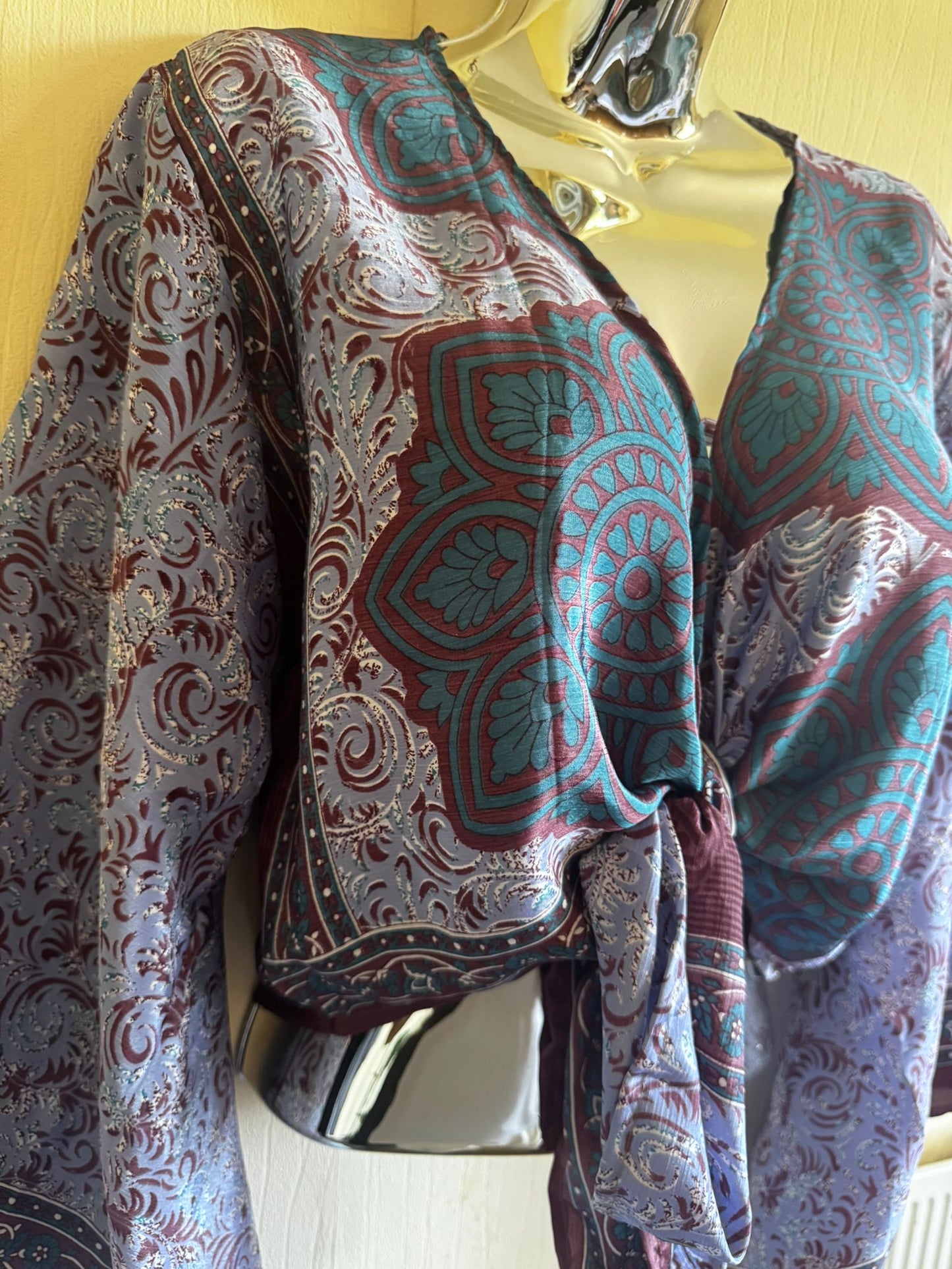 Elegant Bohemian Print Wrap Top with Tie-Front, Uk Size 6-18, Recycled Silk Material,  Lightweight Womenswear Top