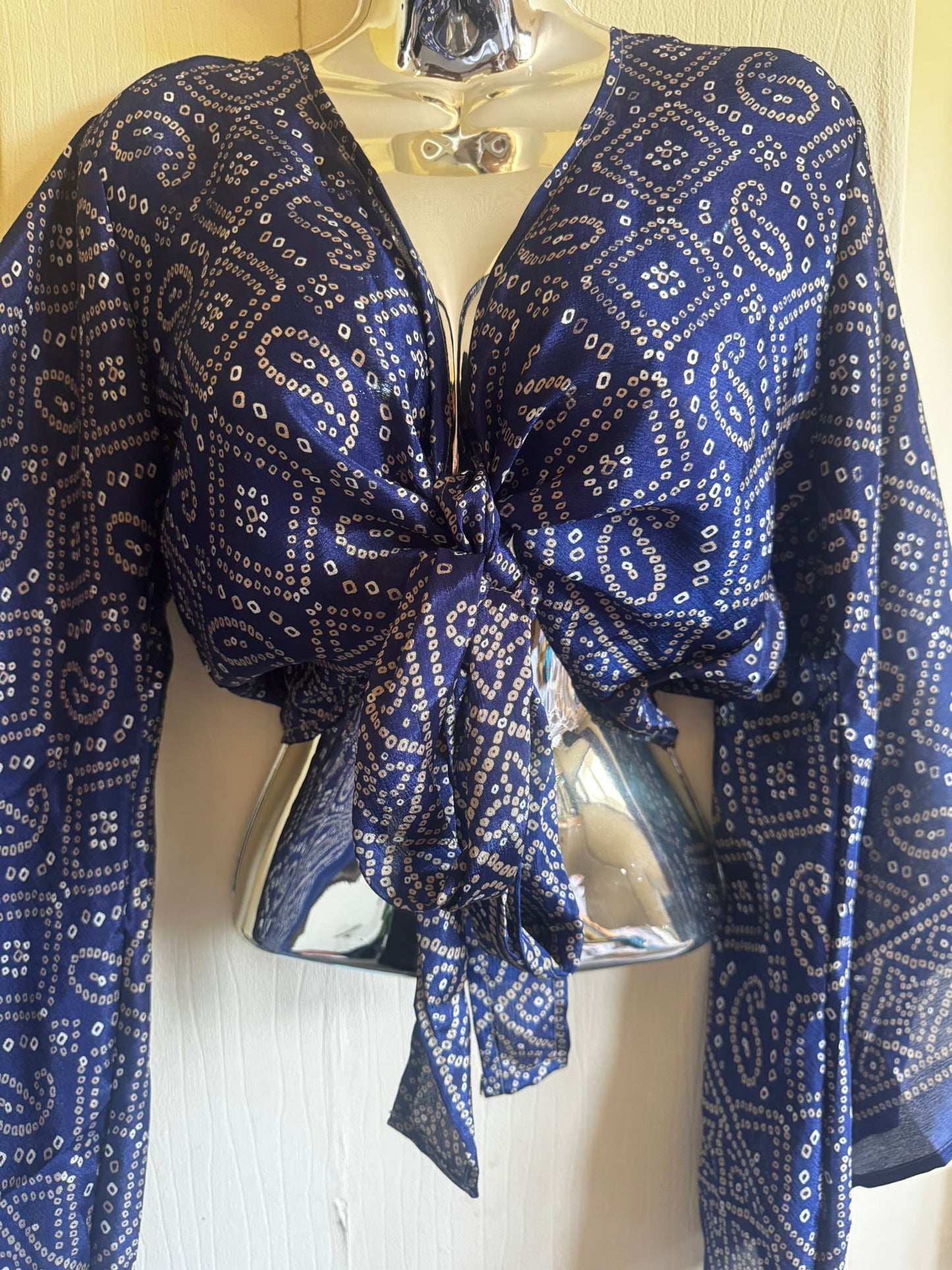 Elegant Bohemian Print Wrap Top with Tie-Front, Uk Size 6-18, Recycled Silk Material,  Lightweight Womenswear Top