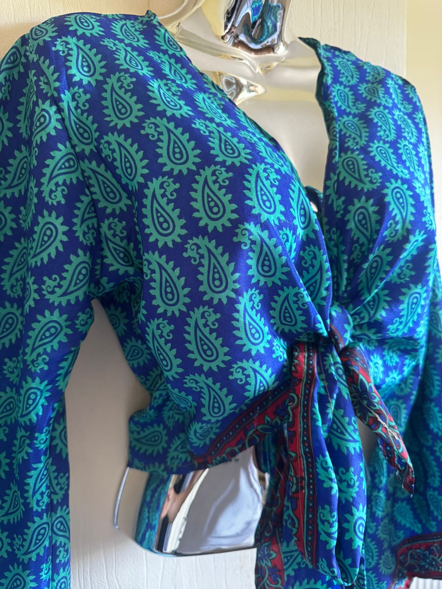 Elegant Bohemian Print Wrap Top with Tie-Front, Uk Size 6-18, Recycled Silk Material,  Lightweight Womenswear Top