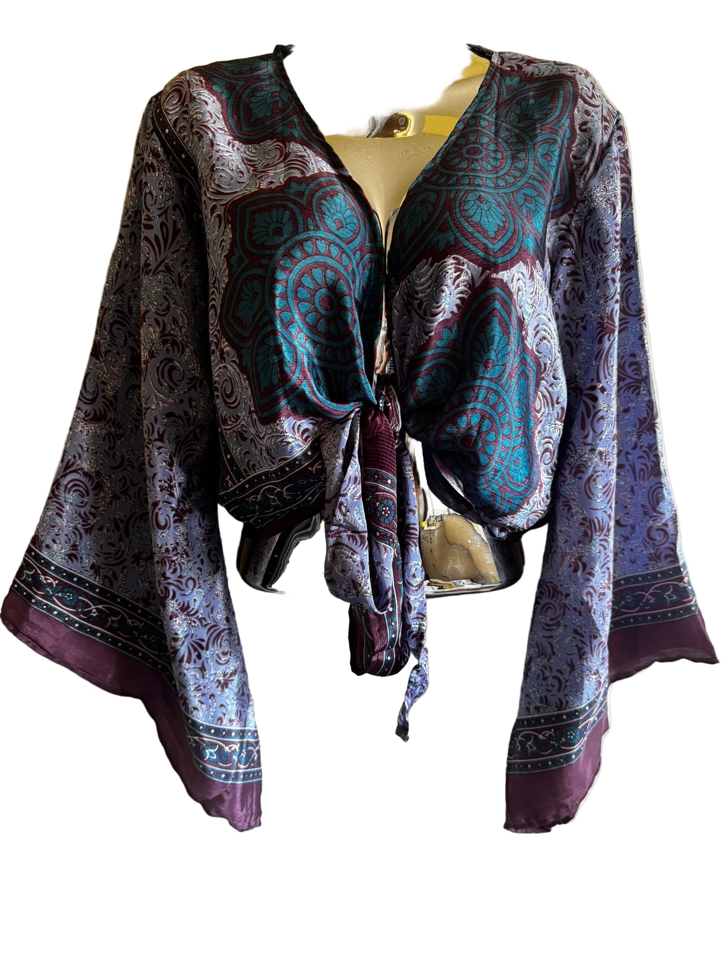 Elegant Bohemian Print Wrap Top with Tie-Front, Uk Size 6-18, Recycled Silk Material,  Lightweight Womenswear Top
