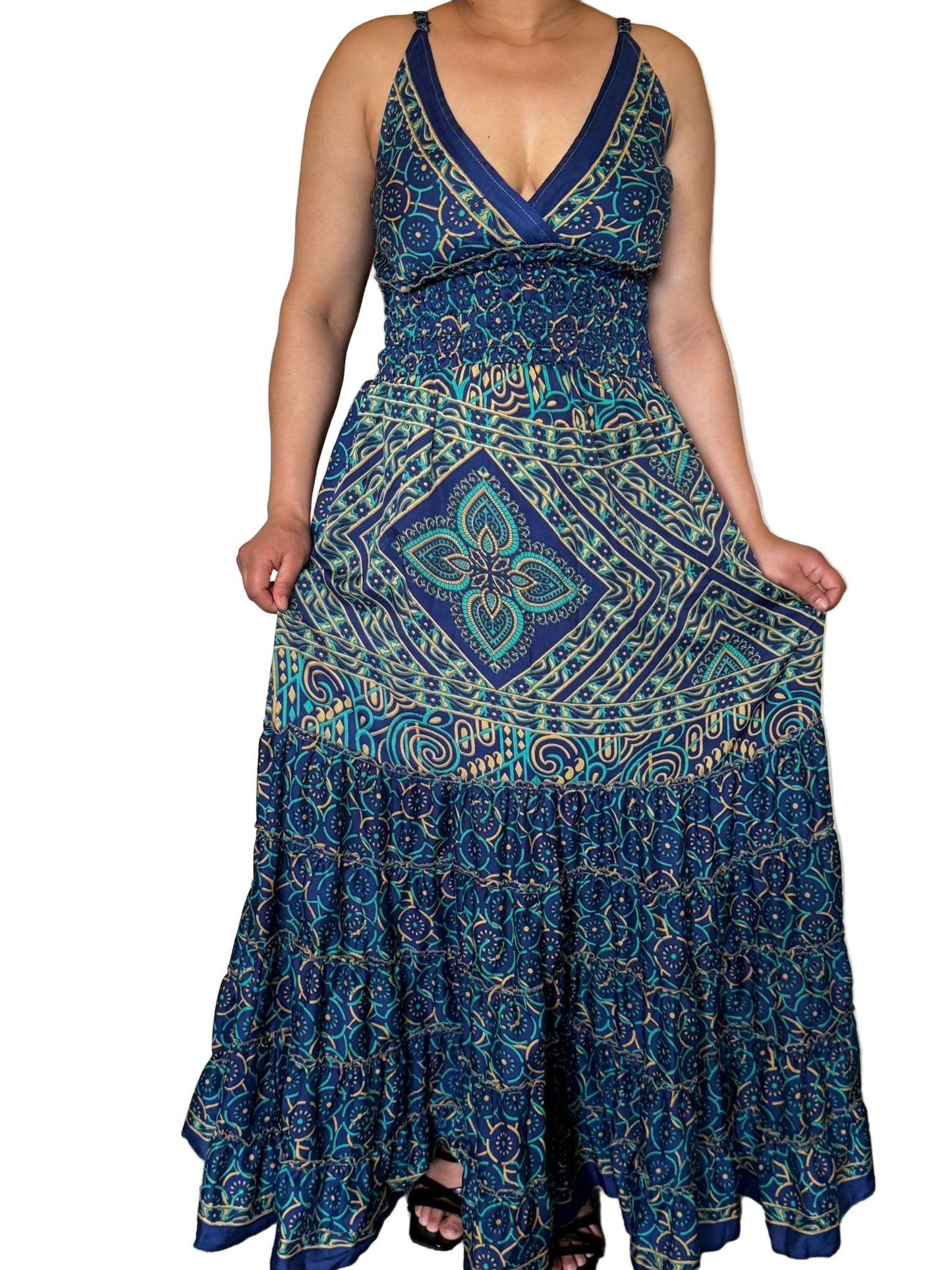 Boho Summer Outfits, Bohemian Recycled Silk Maxi Dress – Multicolor Ethnic Print, UK 8-20, Hippie Boho Dresses