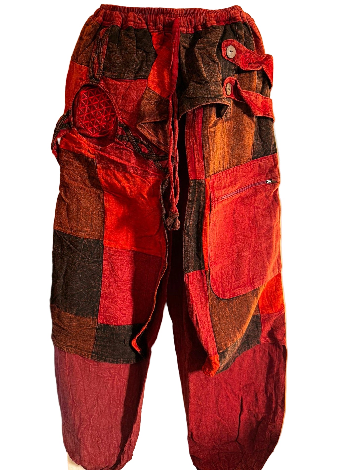 Bohemian Patchwork Cotton Pants – Red & Earth Tones
