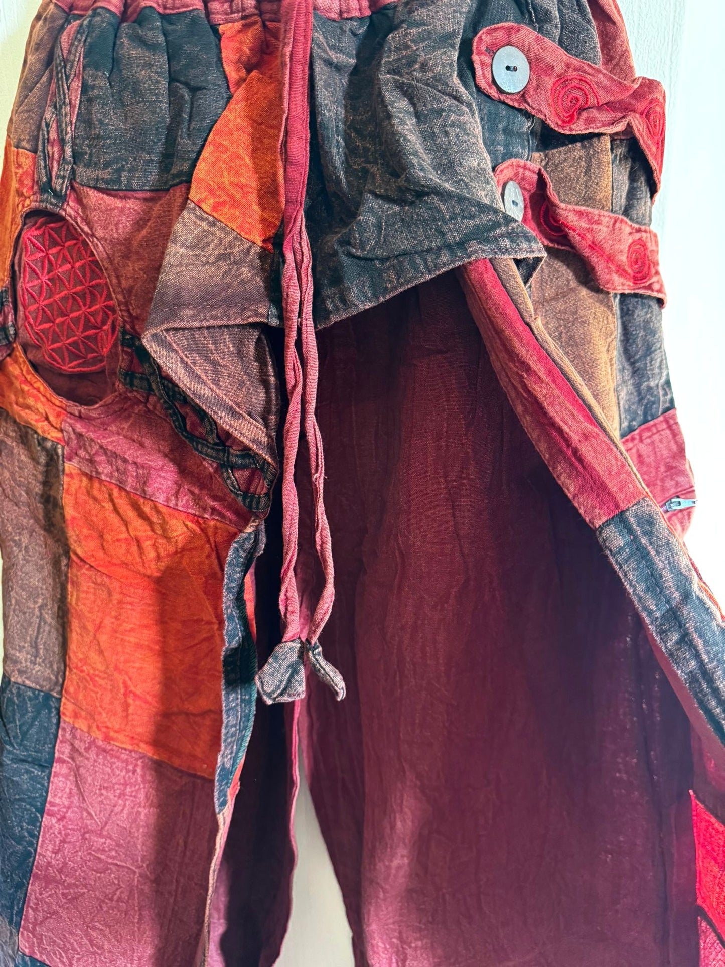 Bohemian Patchwork Cotton Pants – Red & Earth Tones