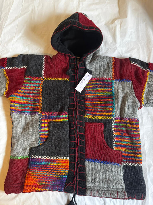 Handmade Patchwork Wool Hooded Jacket – Multicolor Ethnic Knit
