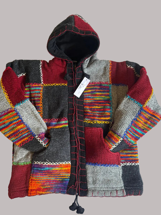 Handmade Patchwork Wool Hooded Jacket – Multicolor Ethnic Knit