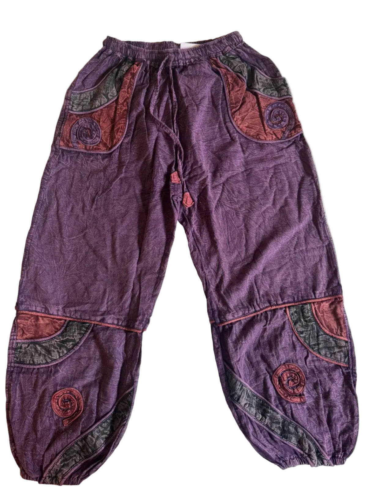 Hippie Patchwork Trouser– Stonewashed Cotton Pants with Spiral Detail