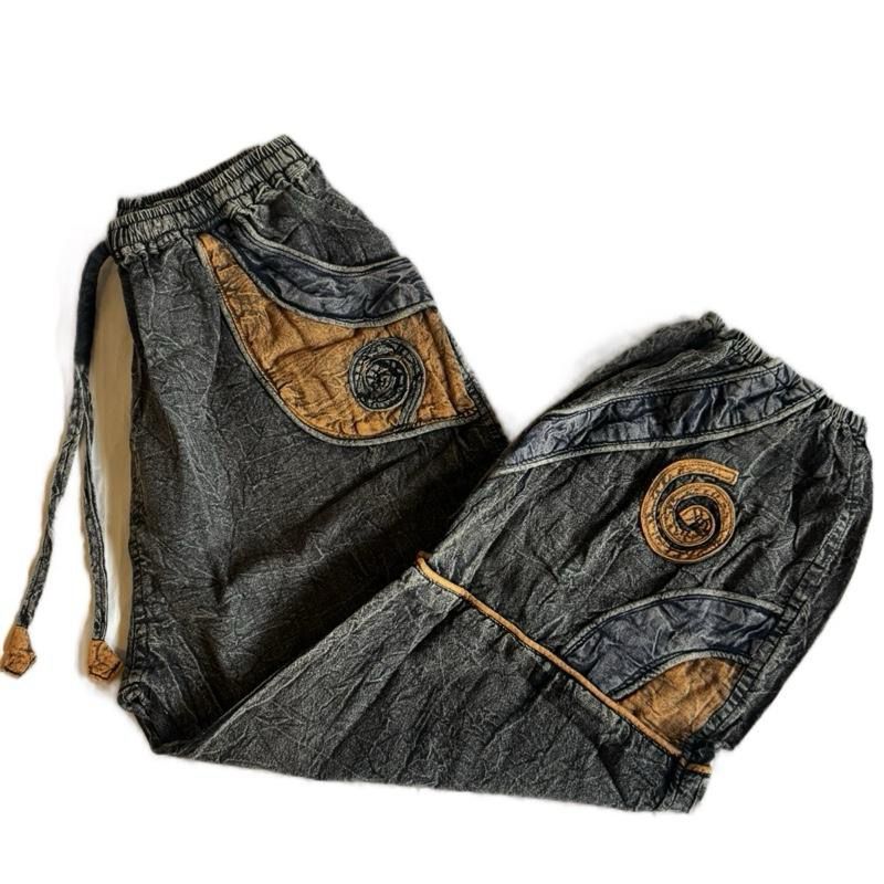 Hippie Patchwork Trouser– Stonewashed Cotton Pants with Spiral Detail