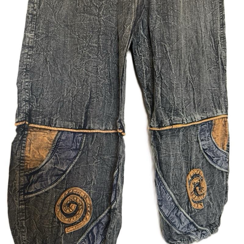 Hippie Patchwork Trouser– Stonewashed Cotton Pants with Spiral Detail